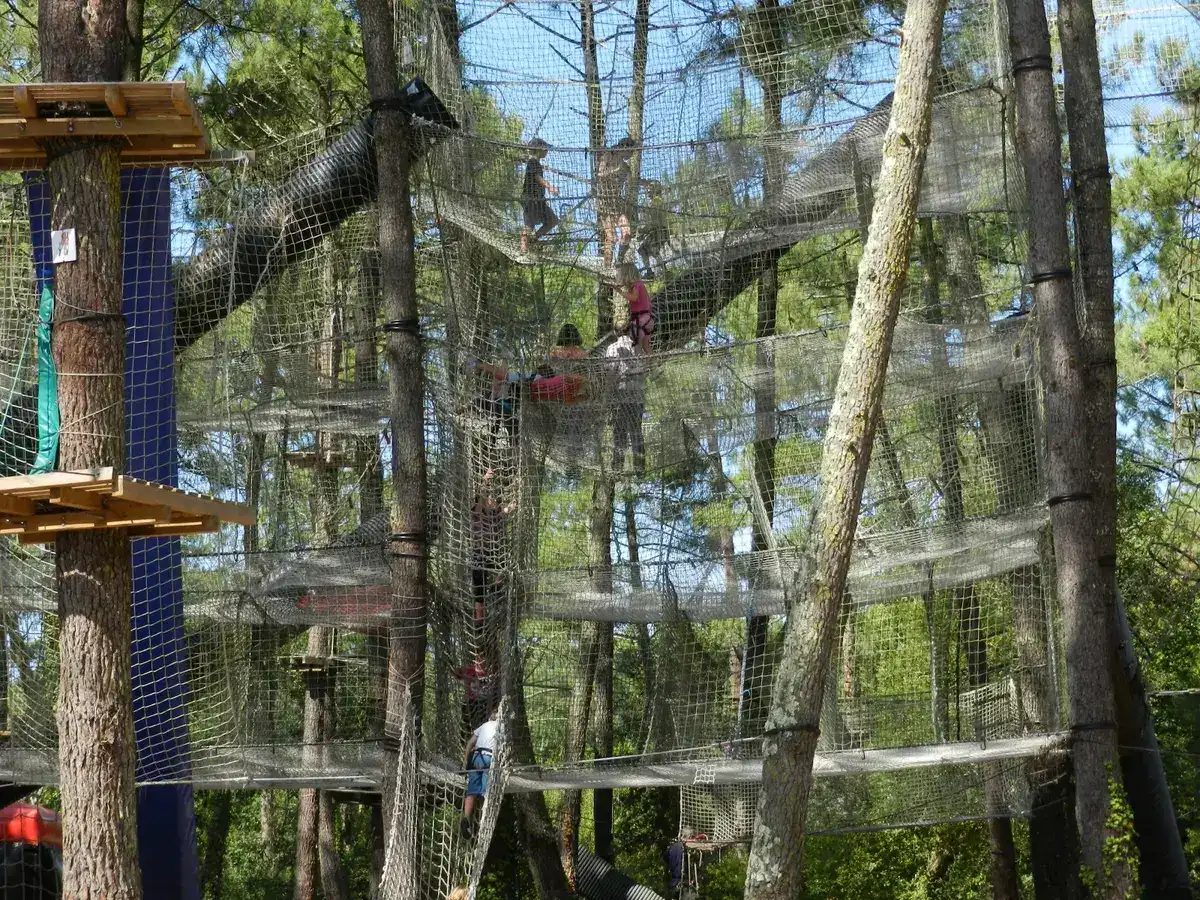Filets fermés en hauteur, parcours aventure dans la pinède