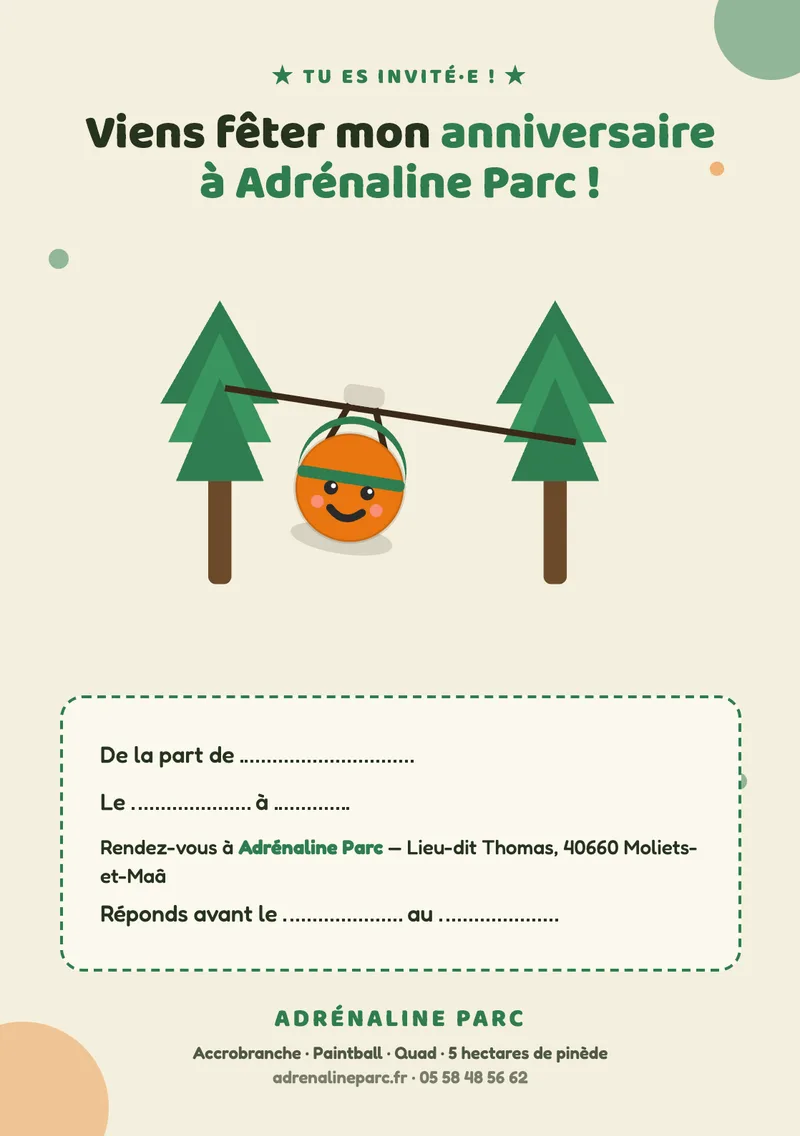 Carton d'invitation anniversaire Adrénaline Parc — modèle Bosque de aventura
