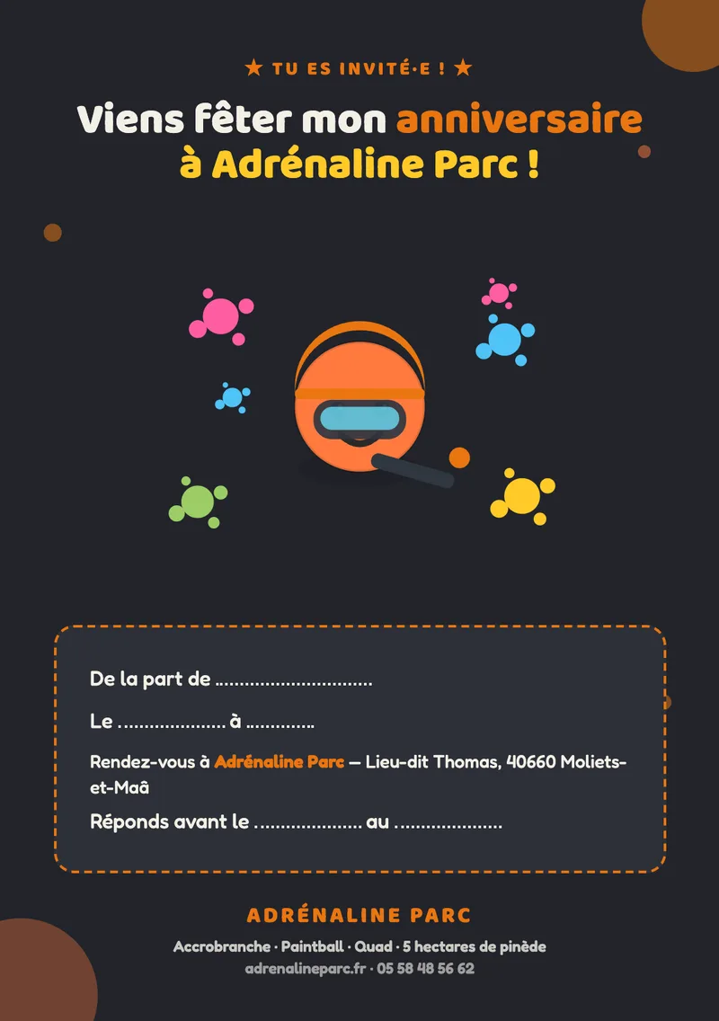 Carton d'invitation anniversaire Adrénaline Parc — modèle Paintball