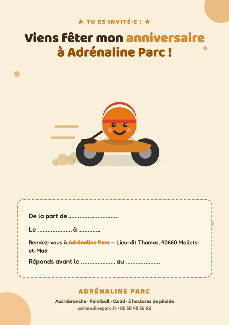 Carton d'invitation anniversaire Adrénaline Parc — modèle Quad y arena