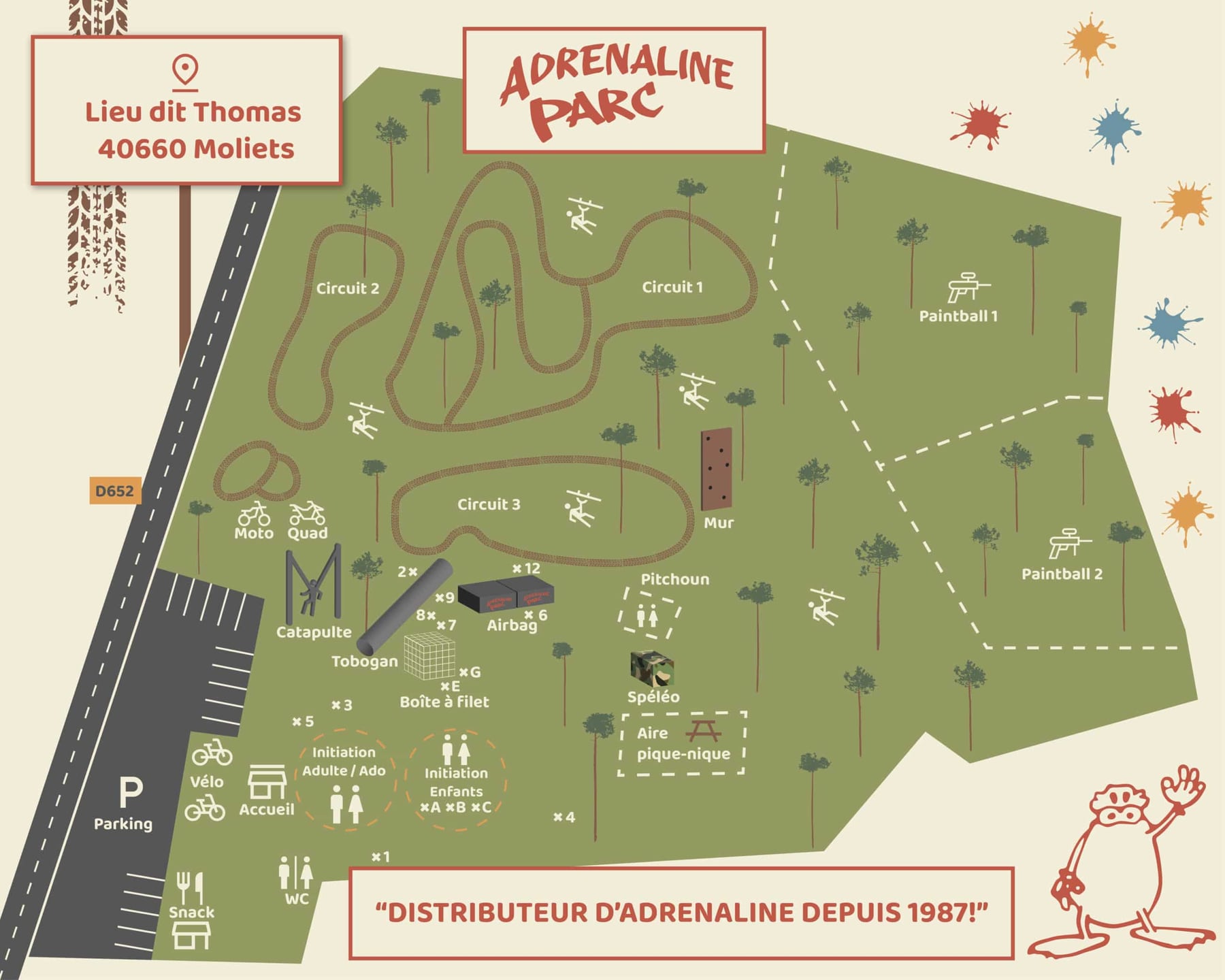 Plan du parc Adrénaline à Moliets — accès, activités et zone snack